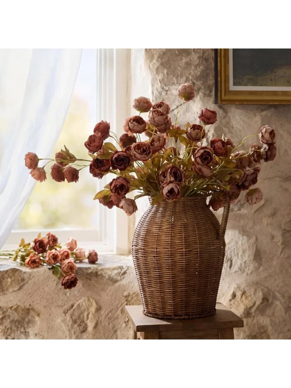 8 Pcs 26'' Fall Artificial Peony Stems - Tan & Light Orange Floral Decor